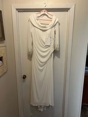 Mac Duggal Ivory Cowl-Neck Maxi Gown with Beaded Cuffs